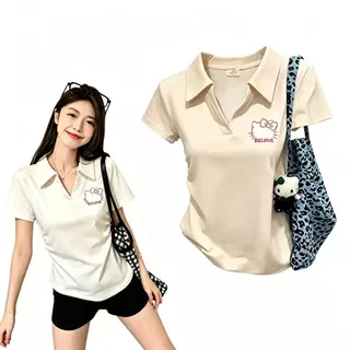 COD✅|เสื้อรัดรูปผู้หญิง|คอปกโปโล|ทรงรัดรูปเอวเล็ก|แขนสั้น|ลายการ์ตูนน่ารัก|สไตล์เกาหลี|ใส่ได้ทุกลุค|M-4XL