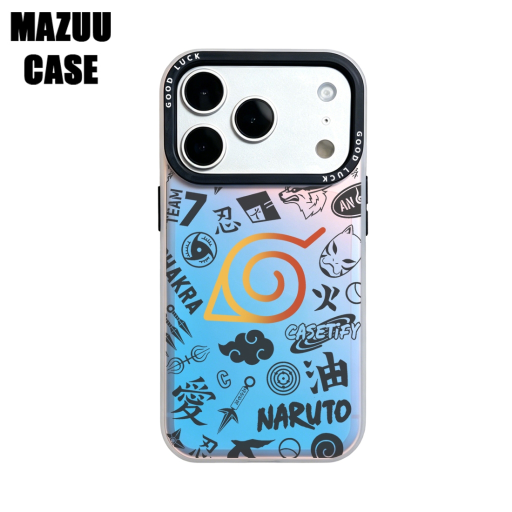 เคสไอโฟน IMD เรืองแสงเลเซอร์ กรอบเลนส์ดำ ลายหมู่บ้านโคโนฮะ นารูโตะ เคสแข็ง iPhone 17 16 15 14 13 12 11 Pro Max Plus