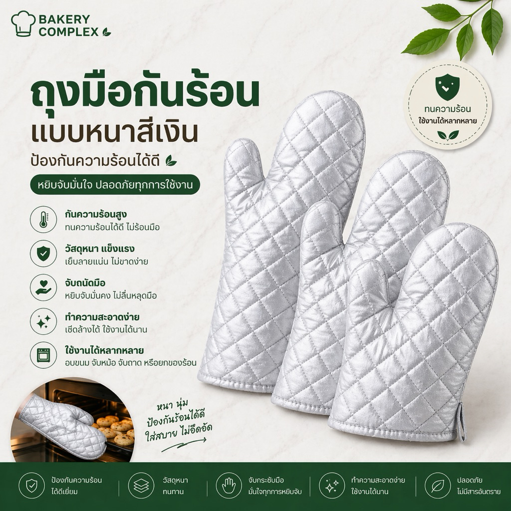 ถุงมือกันร้อนสีเงินแบบหนาที่สุด(เป็นคู่) ใช้กับเตาอบ สำหรับอบขนม เบเกอรี่ ทนความร้อน