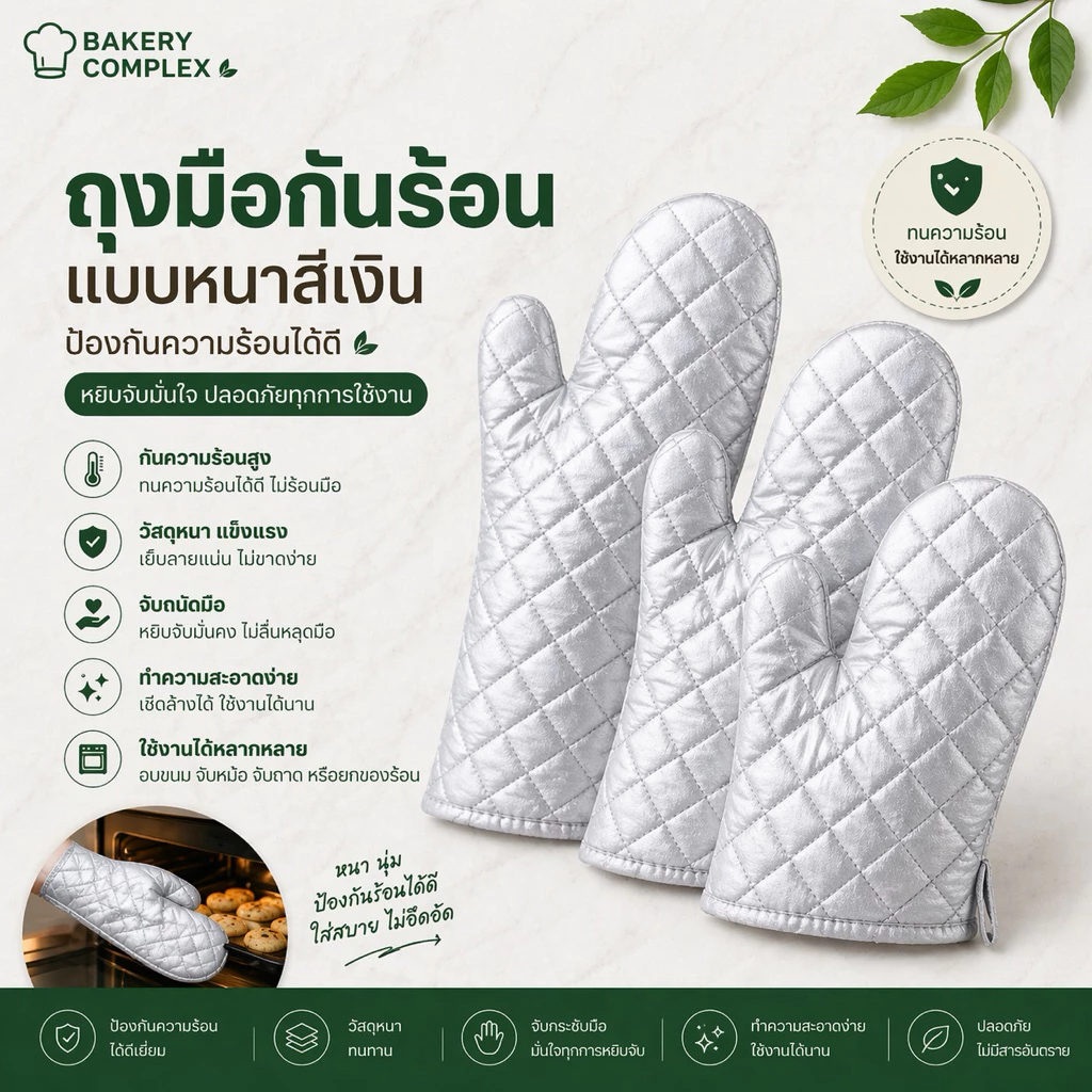 ถุงมือกันร้อนสีเงินแบบหนาที่สุด(เป็นคู่) ใช้กับเตาอบ สำหรับอบขนม เบเกอรี่ ทนความร้อน