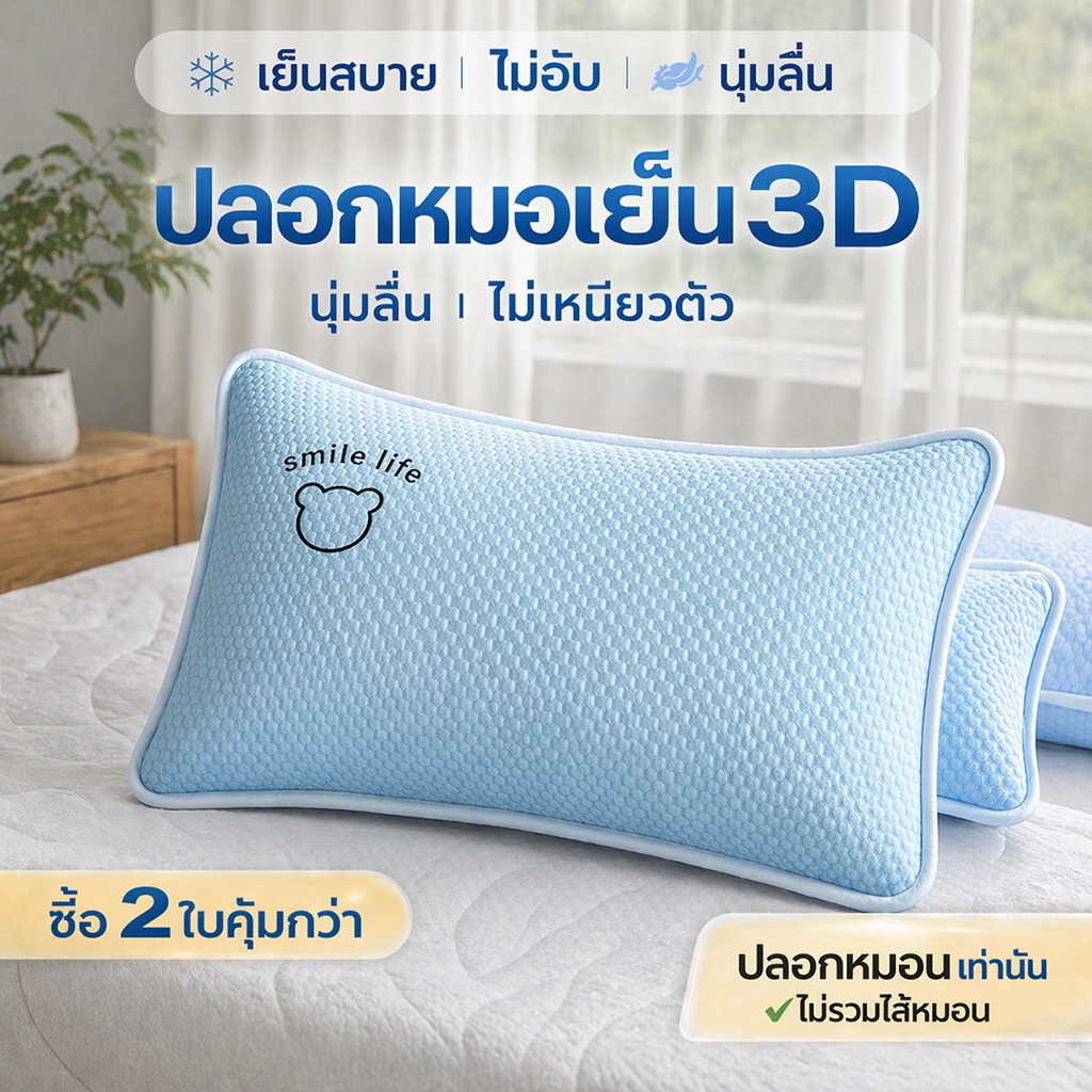 ปลอกหมอนผ้าไอซ์ซิลค์ เย็นสบาย ลายปุ่ม3D ระบายอากาศ ไม่อับ ไม่ติดผิว นุ่มลื่น ขนาด48x74ซม