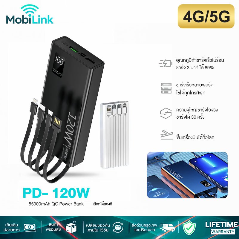【รับประกัน 5 ปี】powerbank 60000mAh 120W ป้ายไทยมี มอก ของแท้ 100% ชาร์จเร็ว พาวเวอร์แบง พาวเวอร์แบงค