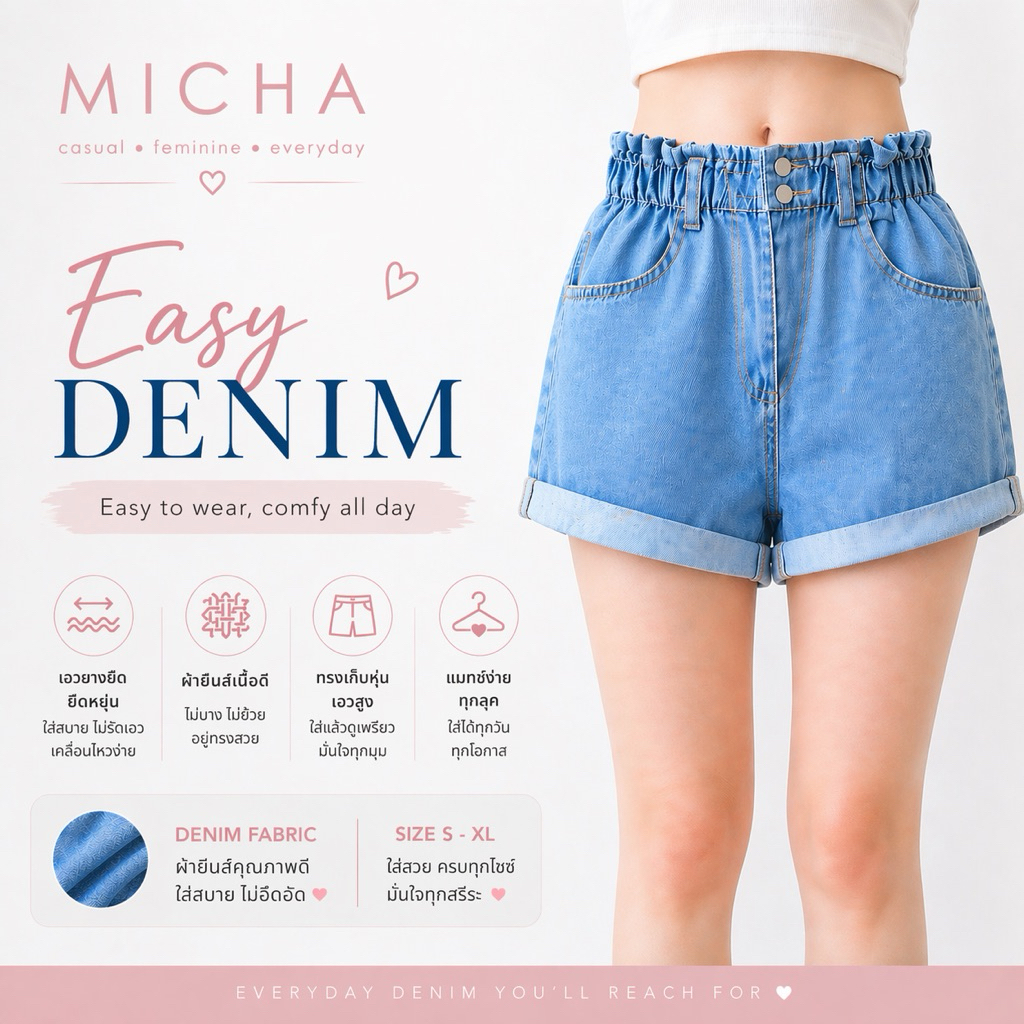 MICHA Easy Denim กางเกงยีนส์เอวสม็อค ทรงสวย ใส่แล้วดูเพรียว ใส่ง่าย หยิบแมทช์ได้ทุกวัน 🤍