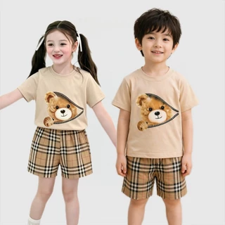 BB258 ชุดเด็กแฟชั่นหมีน้อย เสื้อแขนสั้นลายหมี + กางเกงขาสั้นลายตาราง ใส่ได้ทั้งเด็กหญิงเด็กชาย