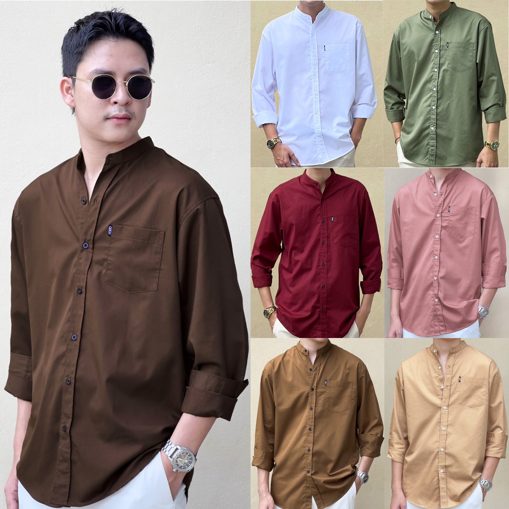 FOMO-เสื้อเชิ้ตคอจีนสีพื้น แขนยาว เสื้อคอจีน เสื้อเชิ้ตแขนยาว เสื้อใส่ทำงาน เสื้อผ้าผู้ชาย