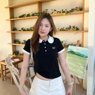 Blossom Polo Top เสื้อโปโลทูโทน คอบัว แขนสั้น ปักหัวใจ ผ้าคอตตอนยูนิ