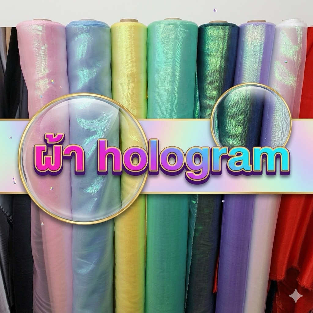 ผ้าเมตร โฮโลแกรม hologram ไหมแก้ว ผ้าแก้ว นำเข้าจาก เกาหลี แต่งชุด ทำแขน ซีทรู ห่อของชำรวย งานแต่ง หน้ากว้าง 150cm
