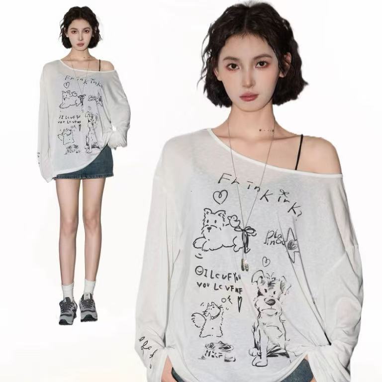 COD✅-เสื้อโปร่งผู้หญิง-คอเอียง-แขนยาว-โปร่งใส/โปร่งบาง-สีพาสเทล-สไตล์หวานๆ-ระบายอากาศดี-สไตล์เกาหลี