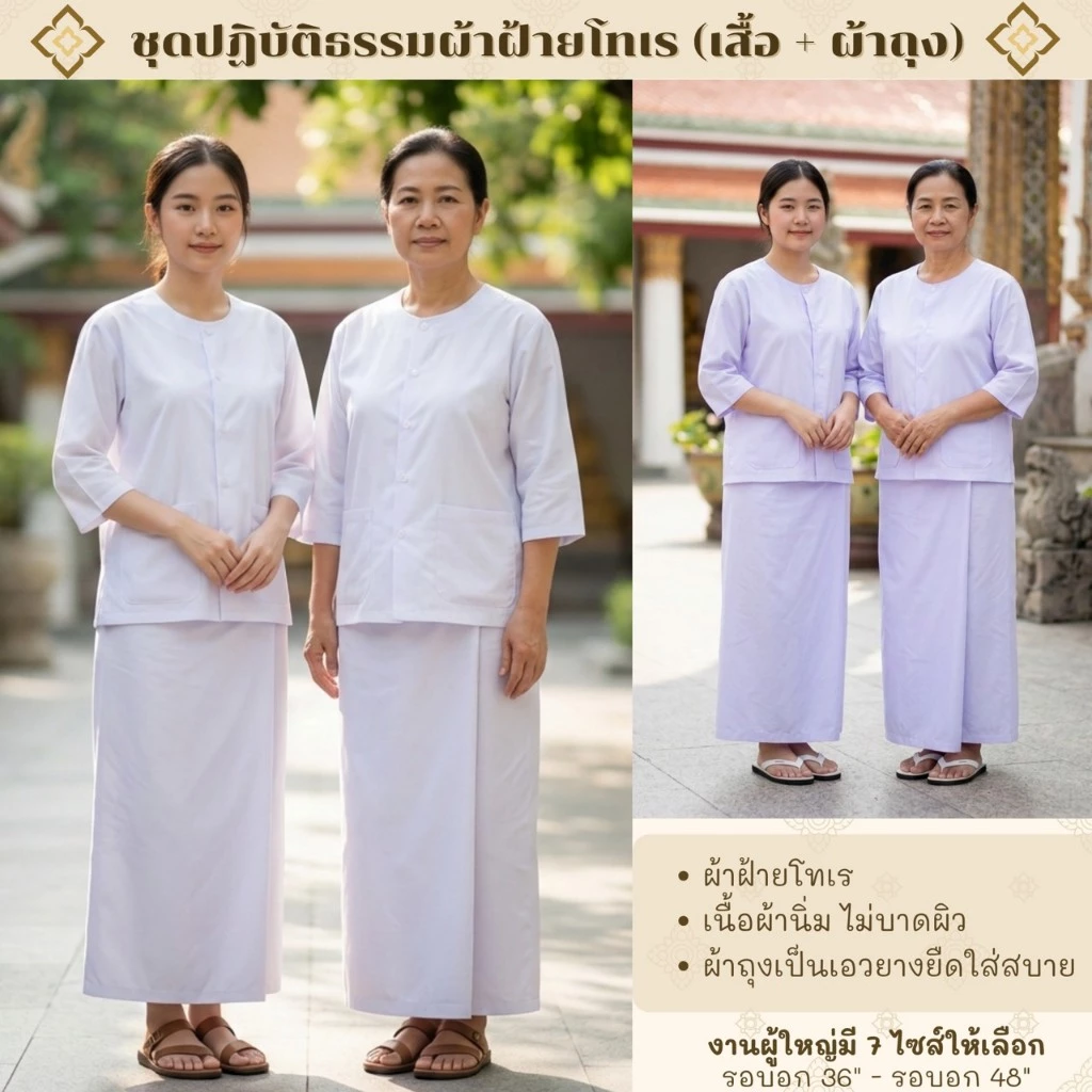 ชุดปฏิบัติธรรมผ้าฝ้ายโทเรสีขาวนวล (เสื้อ+ผ้าถุงเอวยืด)