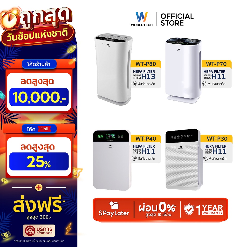 Worldtech เครื่องฟอกอากาศ Air Purifier มอก.รับรอง รุ่น WT-P30-P80 + รีโมท