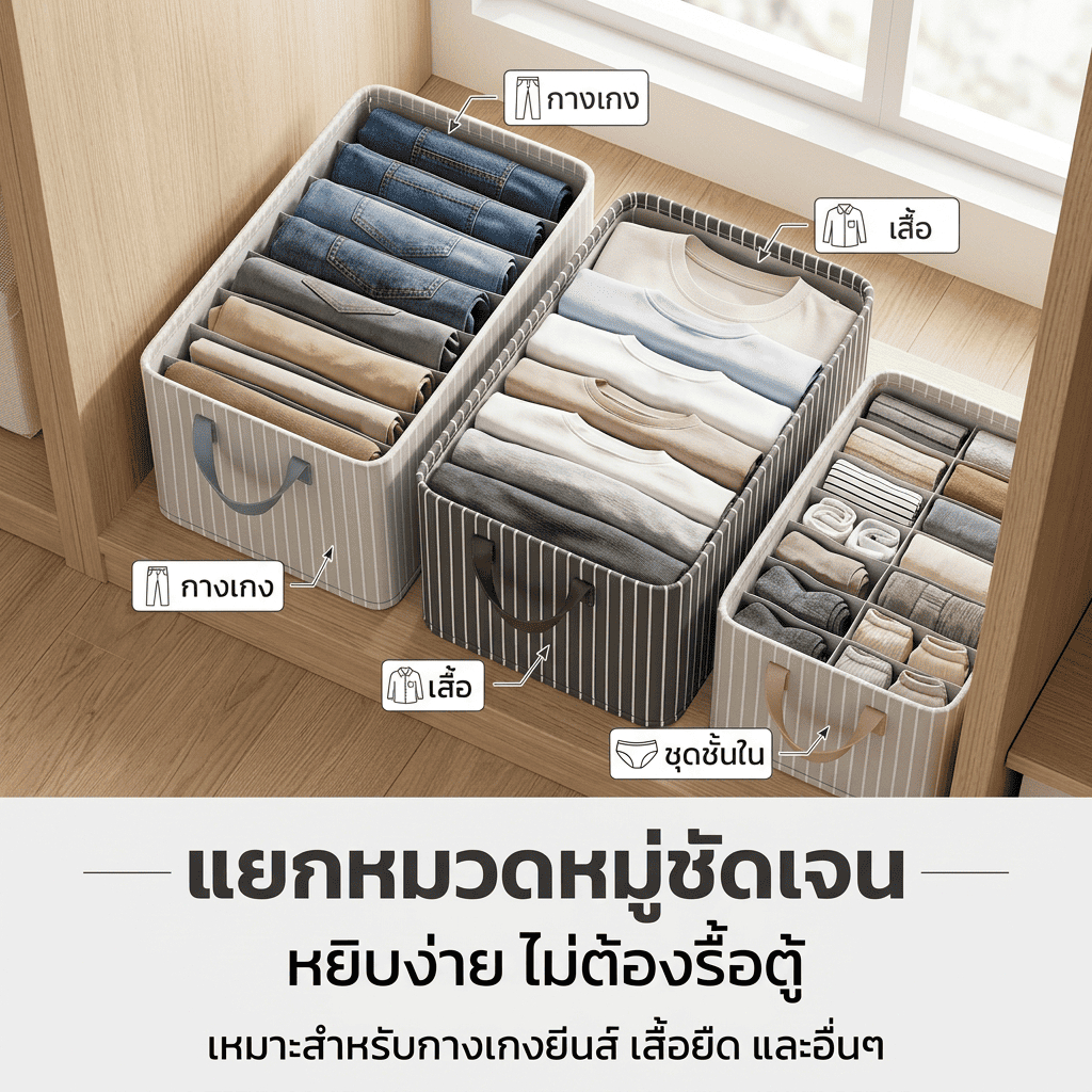 กล่องเก็บเสื้อผ้าลายทาง 2สี กล่องผ้าจัดระเบียบตู้เสื้อผ้า ใช้เก็บเสื้อผ้าได้สะดวก แข็งแรง ราคา ถูกที่สุด ดีลบีเคเค แกลเลอรีภาพที่ 7