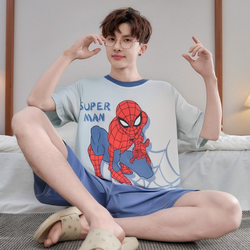 ชุดนอนชายวัยรุ่น,เสื้อแขนสั้น+กางเกงขาสั้น,ผ้าเย็นไหมน้ําแข็ง,เสื้อผ้าของเด็กชาย,ความนุ่มเย็น