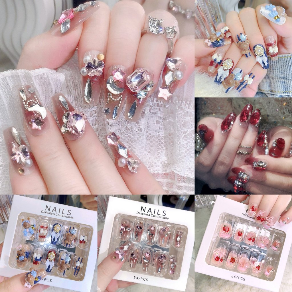 เล็บปลอมสำเร็จรูปอลังกาลงานกล่องฟรีไซส์อะไหล่จัดเต็ม 1 กล่องมี 24 ชิ้น มีอะไหล่ 10 นิ้ว 14ชิ้นสีพิ้น แถมฟรีกาวในกล่อง