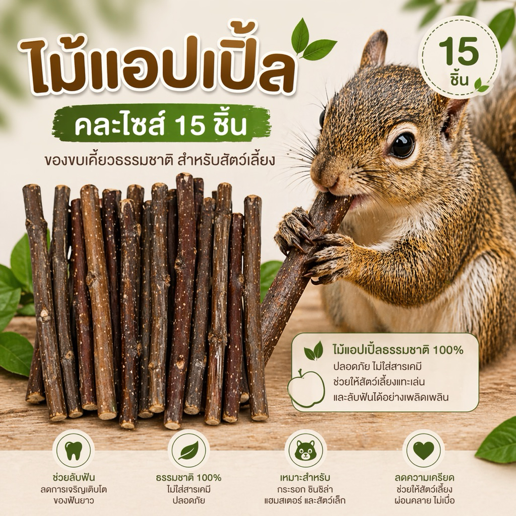 ไม้แอปเปิ้ล 15 ชิ้น ใช้แทะลับฟัน สำหรับกระรอก ชูการ์ไกลเดอร์ และสัตว์ฟันแทะทุกชนิด