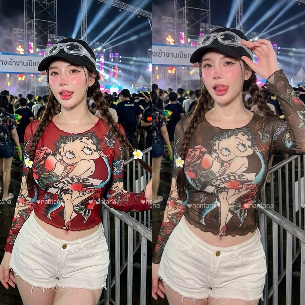 เสื้อBetty Boop  เสื้อครอปผู้หญิงเซ็กซี่ See Through