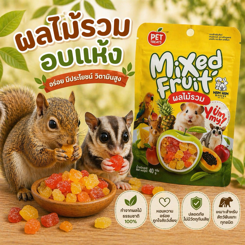 ผลไม้รวม Mixed fruit ขนมสำหรับสัตว์ แฮมสเตอร์ ชูการ์ไกลเดอร์ นกแก้ว กระรอก และอื่นๆ