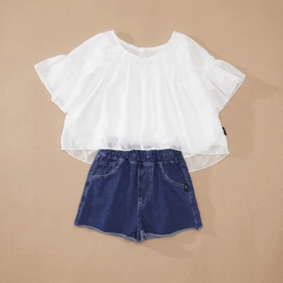 Hania Kids พร้อมส่ง (ขายแยกชิ้น) ชุดเด็กผู้หญิง เสื้อลายถัก กางเกงยีนส์ขาสั้น K4124927 K4124928