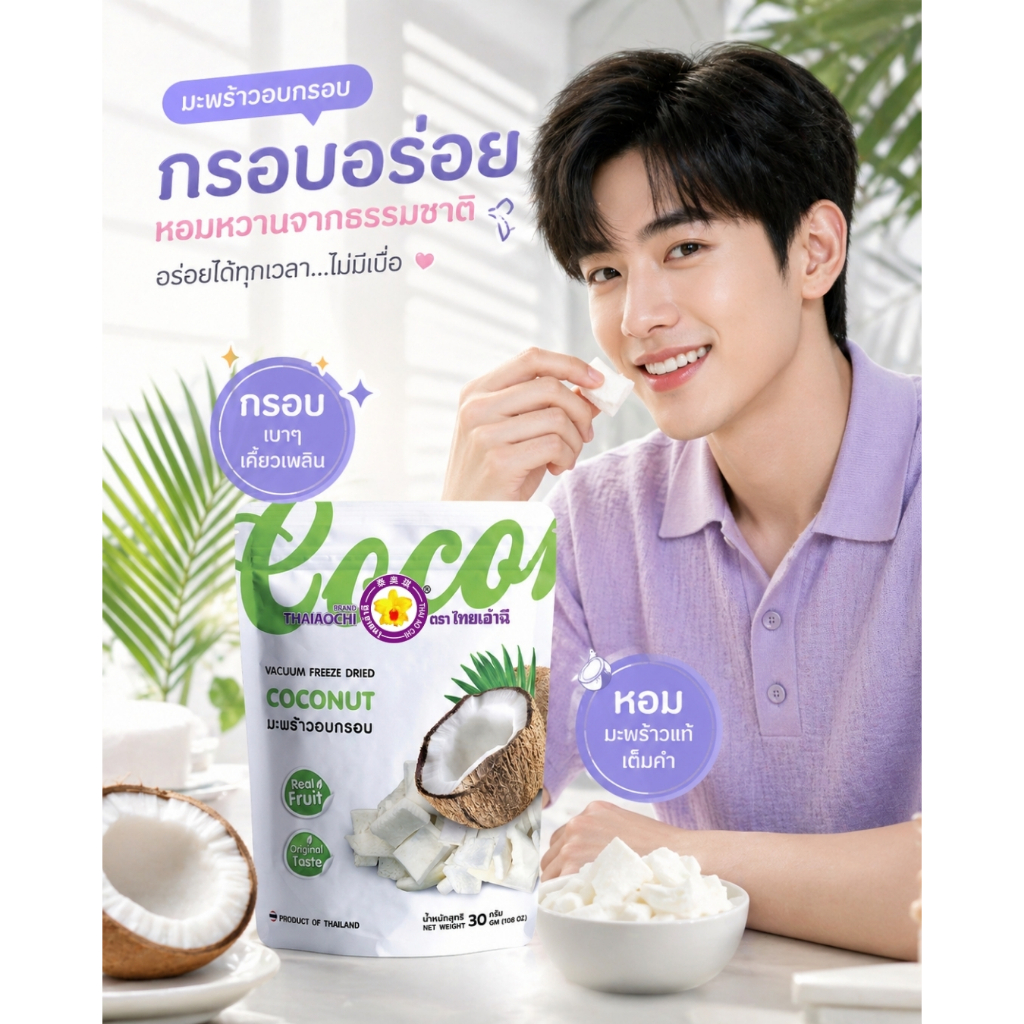 มะพร้าวอบกรอบฟรีซดราย Thaiaochi (30 กรัม) มะพร้าวแท้ 100% | ไม่เติมน้ำตาล | ขนมเพื่อสุขภาพ