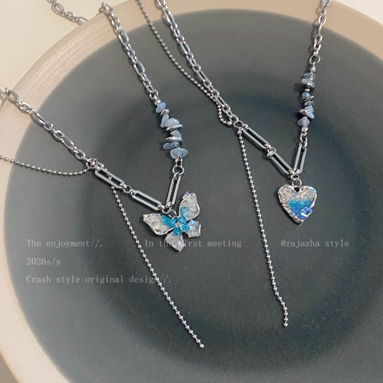LUCKYROSE สร้อยคอสีฟ้าคราม จี้ผีเสื้อเซอร์คอน พร้อมพู่ ดีไซน์หวานเท่