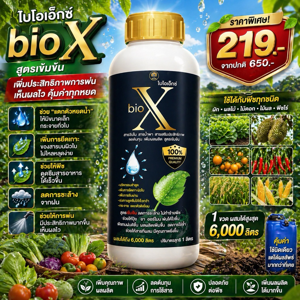 สารจับใบไบโอเอ็กซ์ ฝาทอง ขนาด 1ลิตร ราคาพิเศษ 269 บาท เพิ่มสารเหนี่ยวนำ ดูดซึมไว เกาะติดดีกว่าเดิม