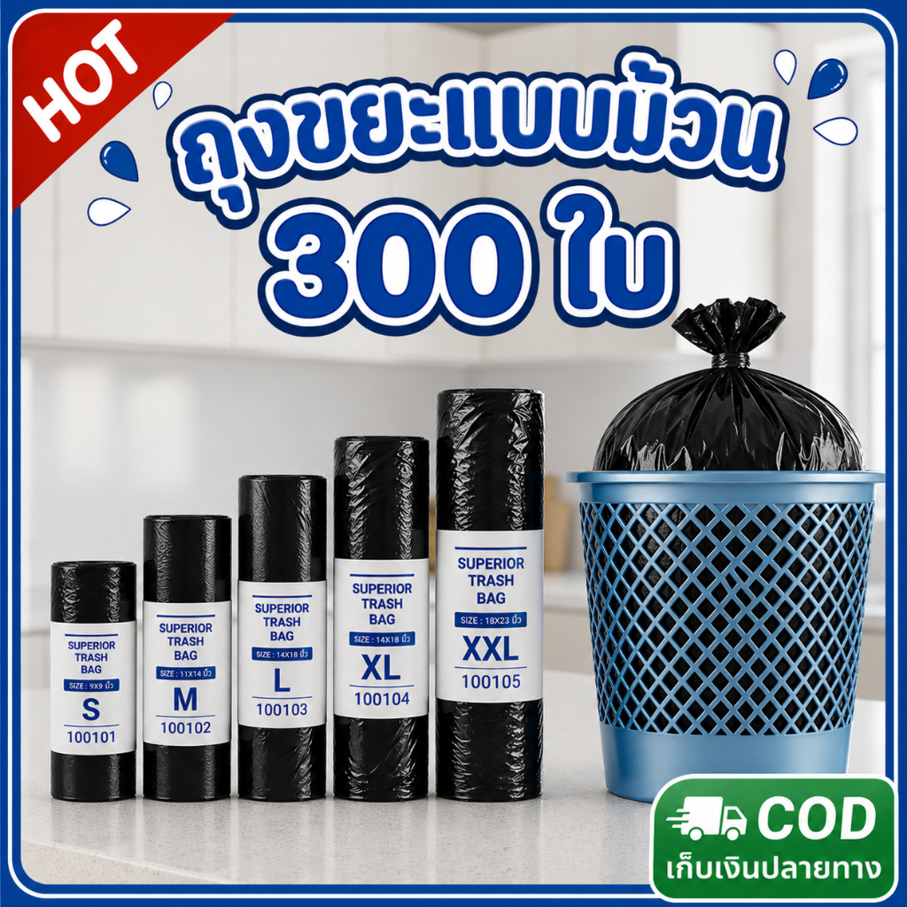 ถุงขยะดำไซส์ใหญ่ 300 ใบ หนาพิเศษ เกรดอุตสาหกรรม ทนทาน ใช้ในบ้าน ร้านค้า โรงงาน