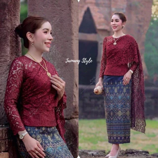 เสื้อลูกไม้สไบ เสื้อลูกไม้ คอกลม แขนยาว แต่งสไบข้าง แมทช์กับผ้าถุง หรือกางเกง ดูแพงสุดๆ