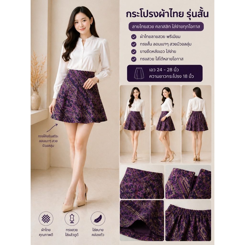 กระโปรงผ้าไทย รุ่นสั้น เอวสูง ทรงสวย ลายทอสวย ใส่เที่ยว ใส่ทำงาน พร้อมส่ง