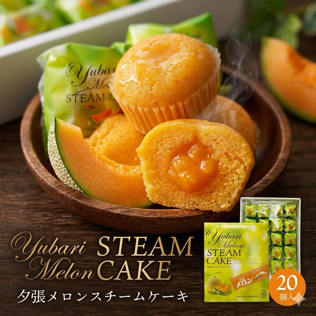 Yubari Melon Steam Cake ยูบาริเมล่อนเค้ก เค้กเมล่อน จากญี่ปุ่น (1กล่องใหญ่ 20ชิ้น