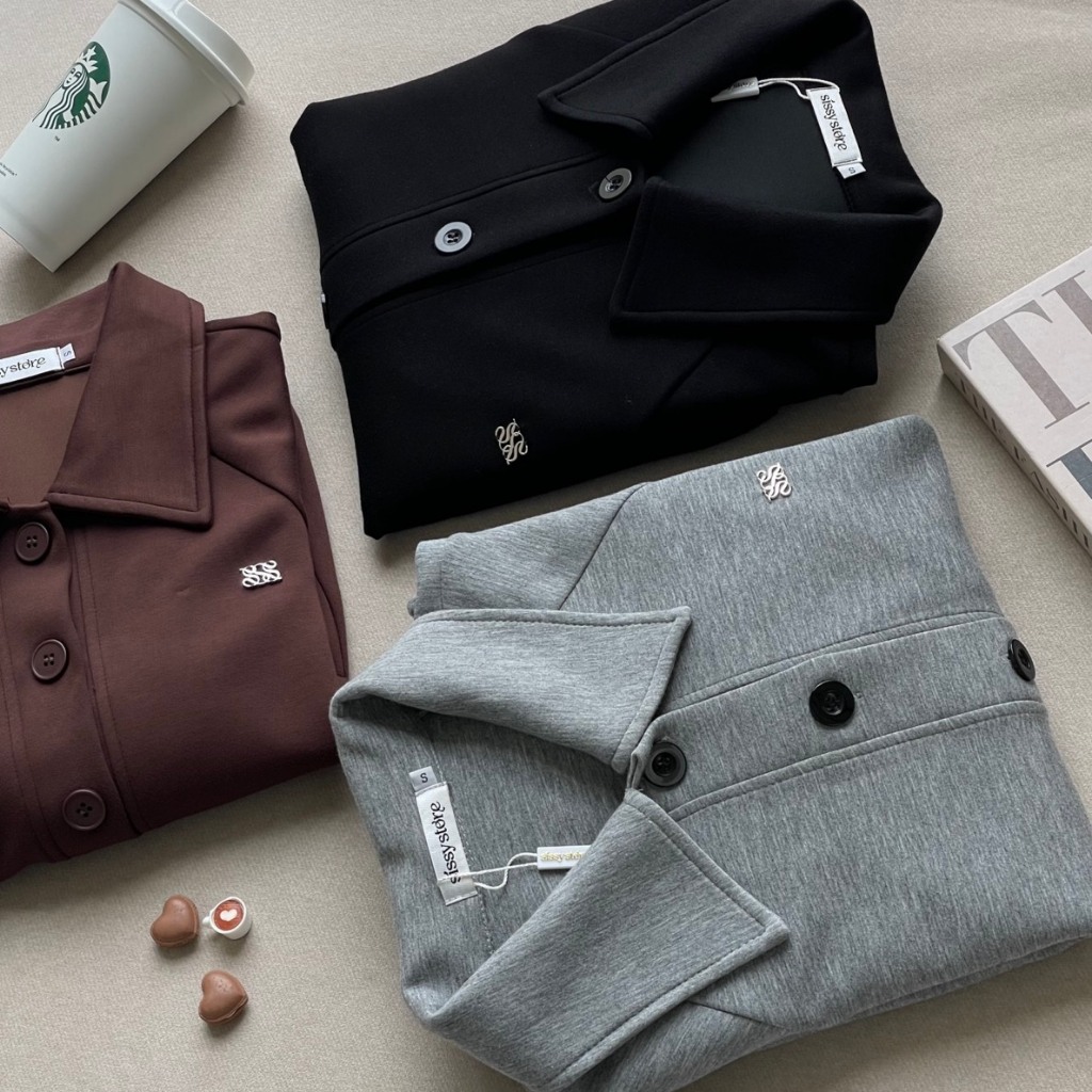 SISSY : เสื้อ Jacket แขนยาวปลายสม็อค (S–XL) คอปก กระดุมหน้าใช้งานได้จริง ปักอะไหล่เงิน Everyday Elegant Look รูปที่ 8