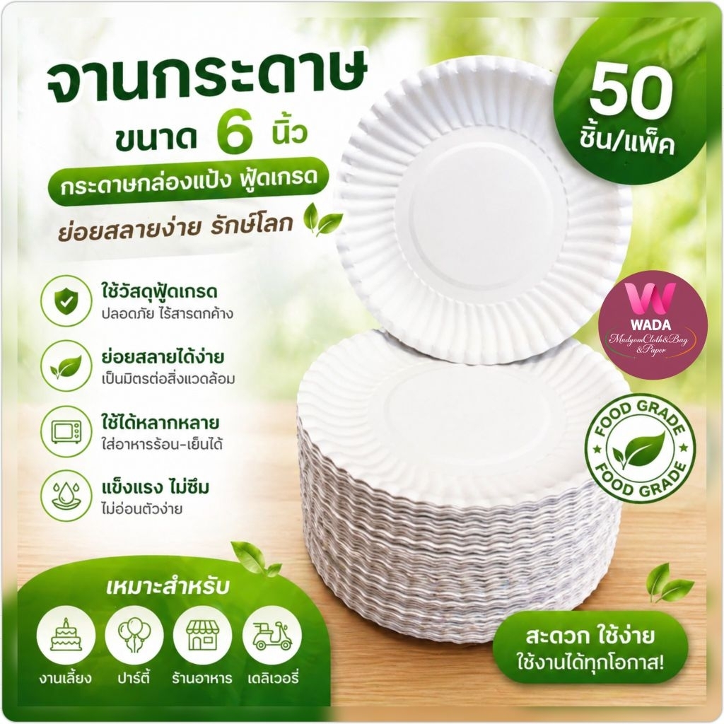 จานกระดาษสีขาวรองเค้ก🍰รองขนม🥞รองอาหาร🥐รักษ์โลกไร้สารพิษย่อยสลายง่าย🌱สำหรับงานปาร์ตี้🎉กินเลี้ยง50ใบ/แพ็คมี6นิ้วและ7นิ้ว