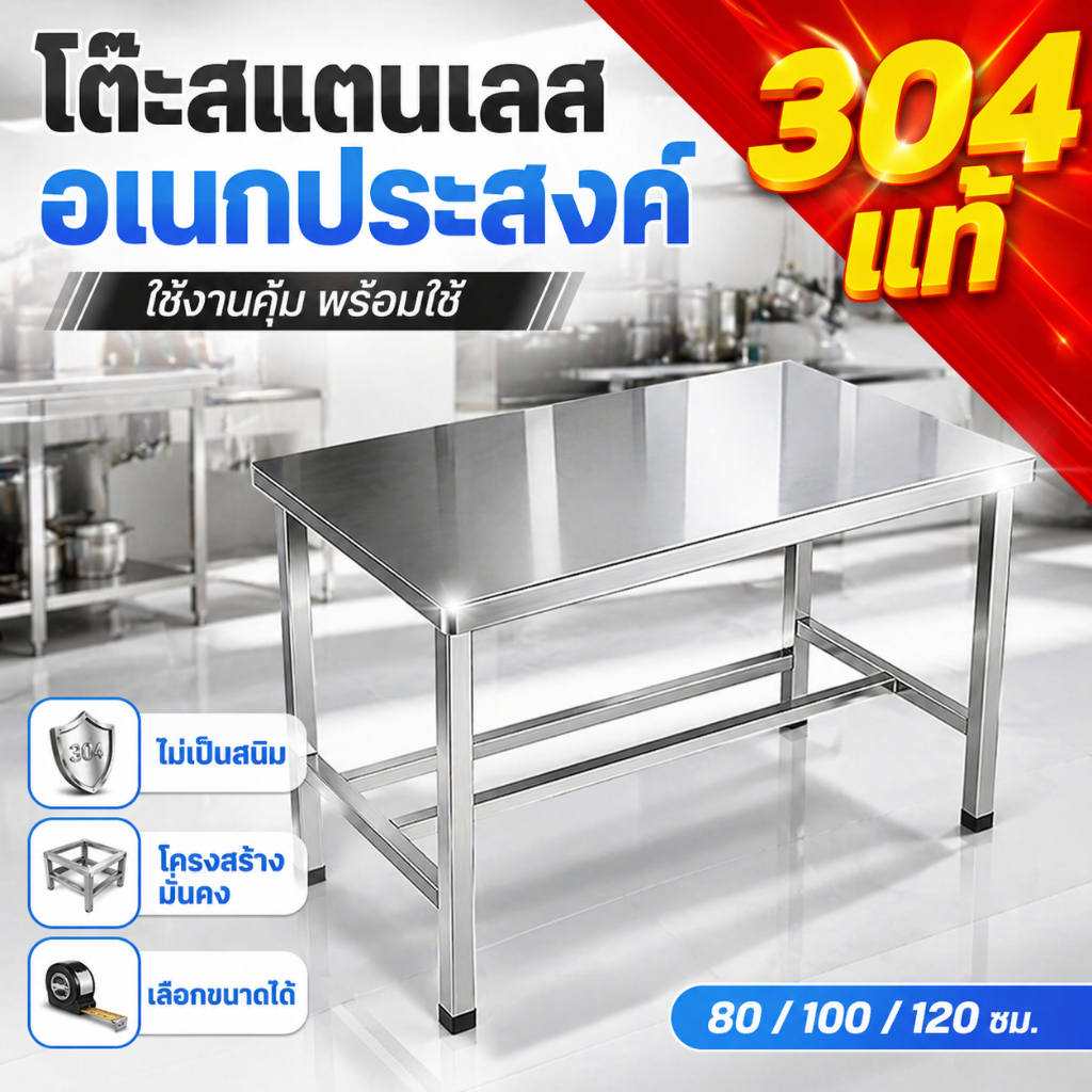[304 เกรดอาหาร]  ไม่เป็นสนิม โต๊ะอาหาร โต๊ะพับสแตนเลส สแตนเลส โต๊ะอาหาร โต๊ะพับ โต๊ะทานอาหาร โต๊ะครัว อเนกประสงค์โต๊ะยาว