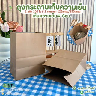 [100ชิ้น] ถุงเก็บความเย็น ถุงกระดาษคราฟท์หนา ไม่พิมพ์ลาย หนา 150/125 แกรม ถุงกาแฟโบราณกระดาษ