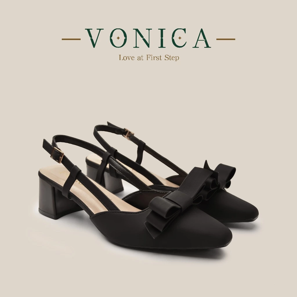 VONICA รองเท้าแตะผู้หญิงแฟชั่น ส้นสูง 2 นิ้ว แต่งโบว์ สีดำ สไตล์เกาหลี ใส่ไปทำงานและออกไปเที่ยวได้