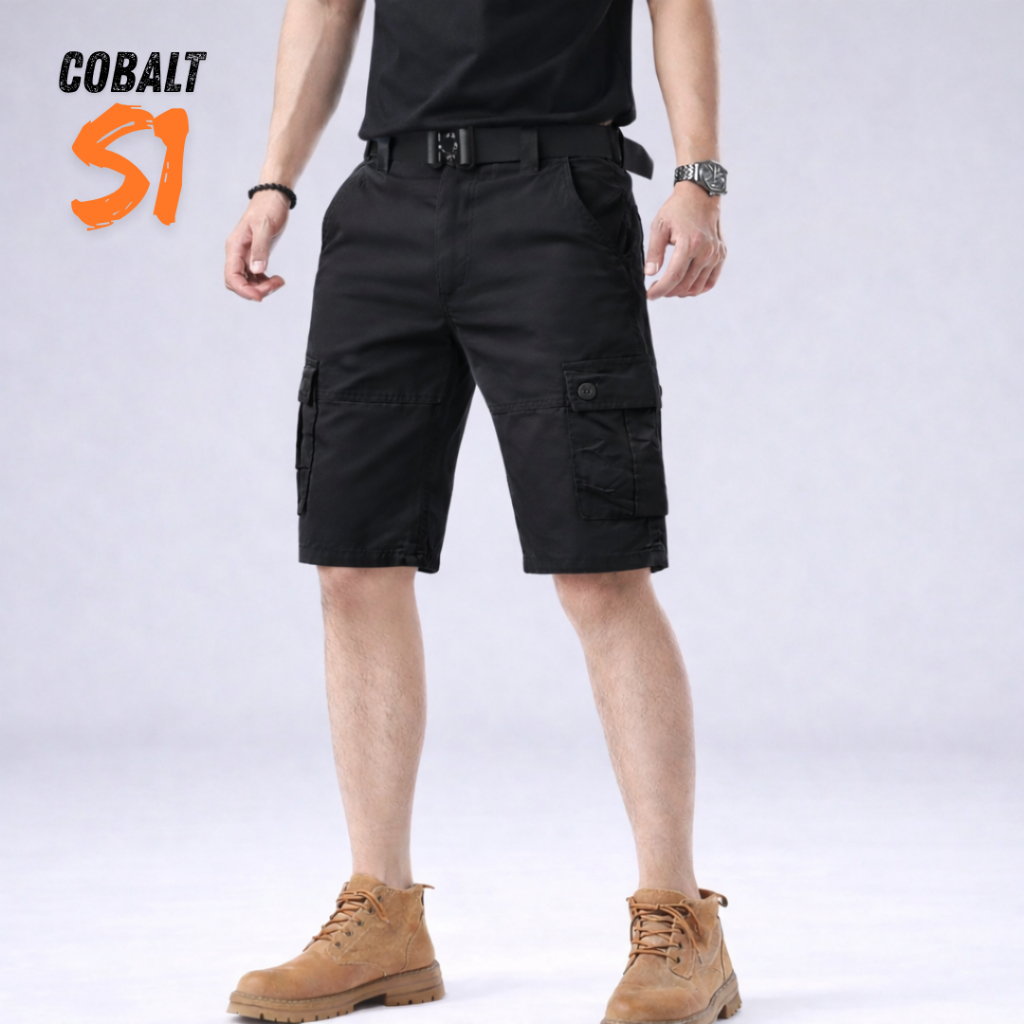 COBALT S1 กางเกงคาร์โก้ ขาสั้น 6 กระเป๋า สีดำ ผ้าคอตตอน ผ้าหนา เอว 28-40 นิ้ว