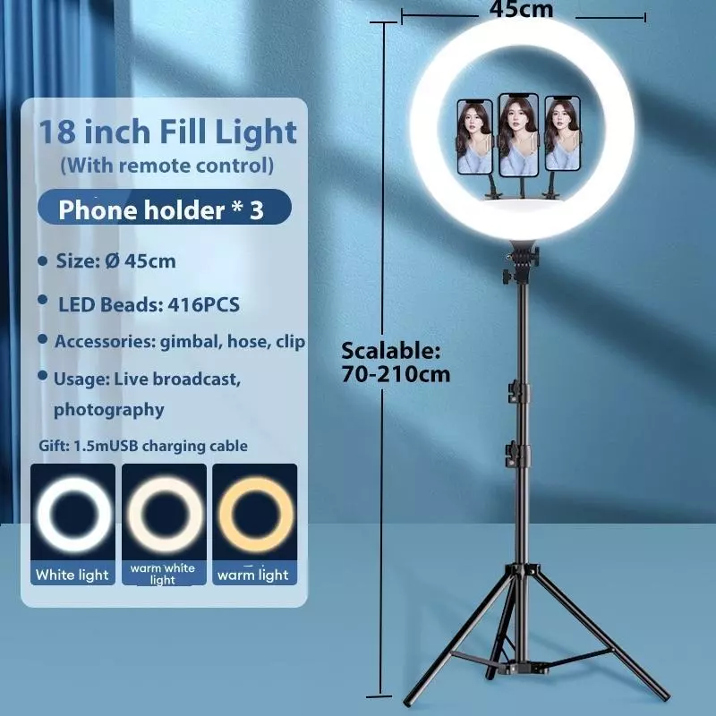 Ring Light 14/18/22 นิ้ว ไฟแต่งหน้า ไฟ Live สด ปรับสีได้ ปรับได้3สี 10ระดับ ปรับความสว่างได้หลายระดับ พร้อมขาตั้ง 2.1m