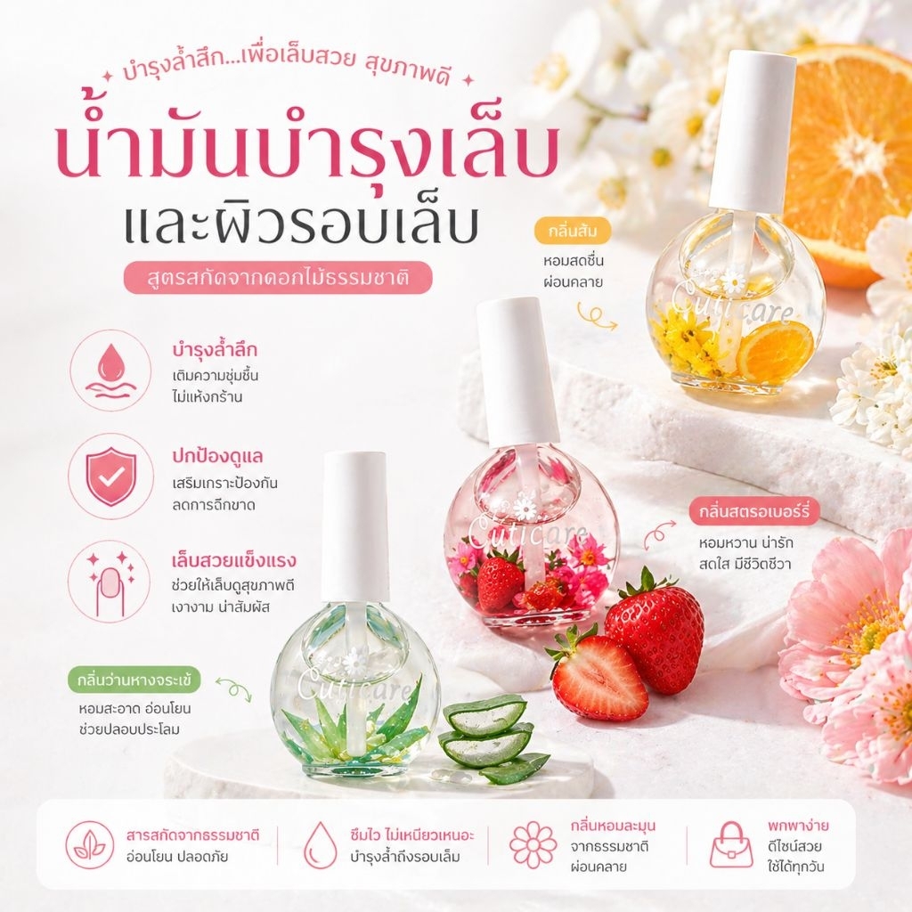 จัดส่งทันที ● Cuticare oil น้ำมันบำรุงเล็บดอกไม้​แแห้ง