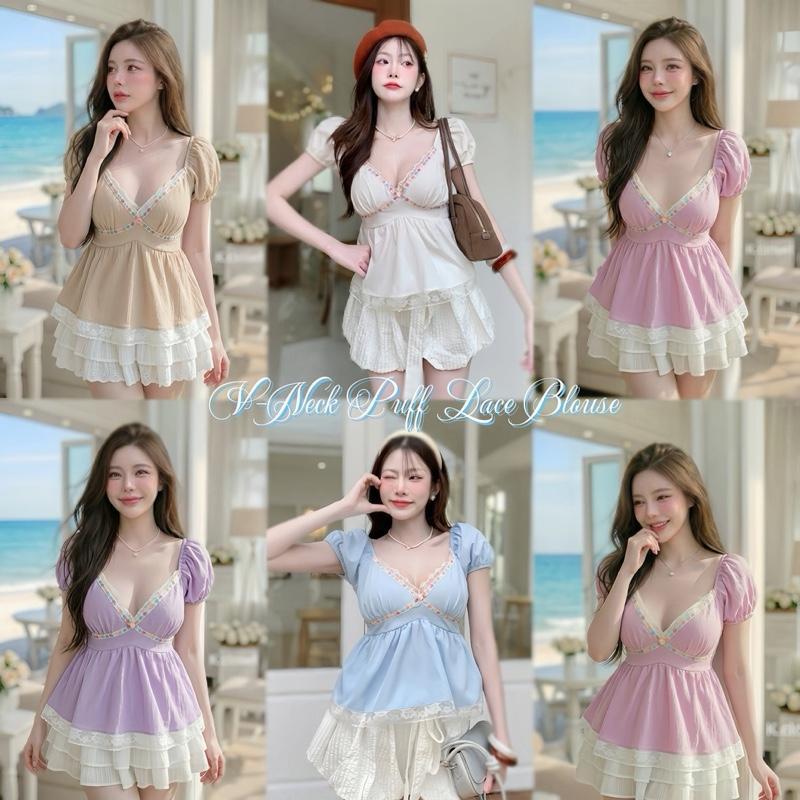 อก30-38เสื้อคอวีแขนตุ๊กตา แต่งระบายลูกไม้ปักโบว์จิ๋ว เสื้อทะเล สาวอวบใส่ได้อกถึง38 (เสื้ออย่างเดียว)