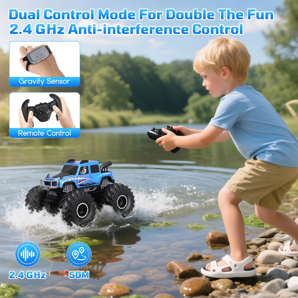 รถควบคุมระยะไกล Amphibious 4WD , มีแบตเตอรี่ชาร์จไฟได้ 2 แบตเตอรี่ , รถ RC กันน้ำแบบ Offroad All Terrain RC Drift