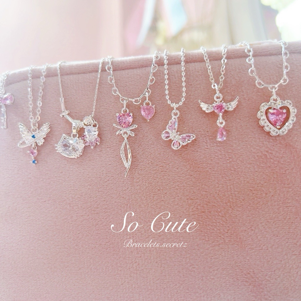 💗 Pink So Cute 🪞 🎀 ลด80฿ 🎀🪞โค้ดหน้าร้าน 🎀 สร้อยคอชุบเงินแท้92.5% โบว์ริบบิ้นชมพู  หัวใจ แมว ผีเสื้อ 