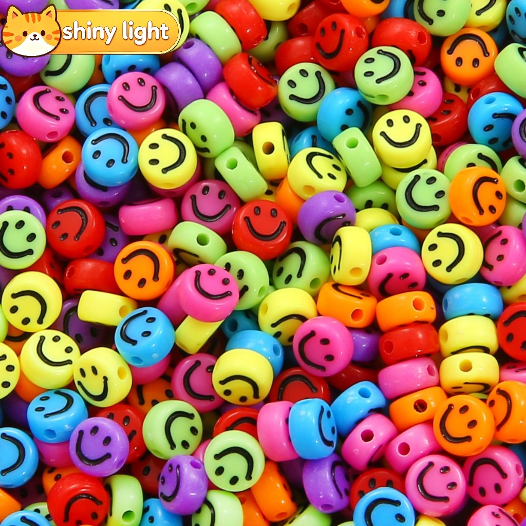 ลูกปัดหน้ายิ้มอะครีลิคทรงกลมแบนสีสันสดใส 7 มม. 100 ชิ้นต่อล็อต อุปกรณ์ DIY ทำสร้อยข้อมือ สร้อยคอ
