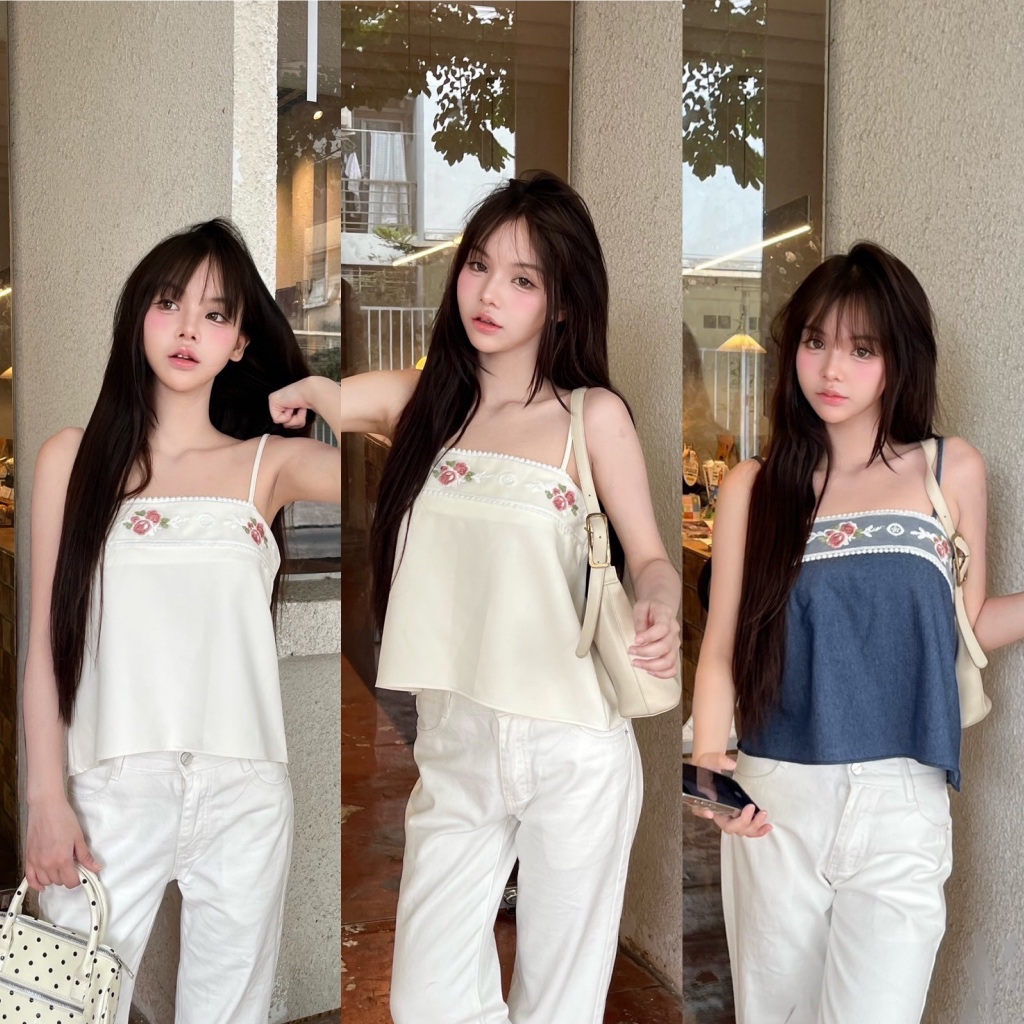 เสื้อครอปสายเดี่ยว ผ้าปักลูกไม้ -nu / VB0669