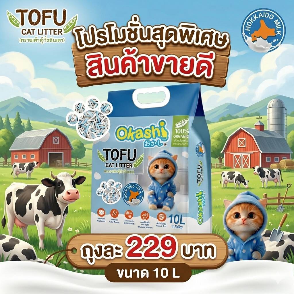 ทรายเต้าหู้ ถั่วลันเตา โอคาชิ ผลิตจากวัตถุดิบธรรมชาติ 100 % ( HOKKAIDO MILK  ขนาด 10 ลิตร )