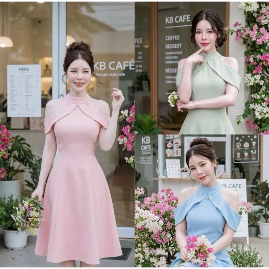 D309 เดรสผ้าบาร์บี้ เปิดไหล่ ยาว 36-37มีไซส์ S-3XL ใส่ทำงาน ออกงาน ทางการ สวยน่ารัก Women Lady Dress