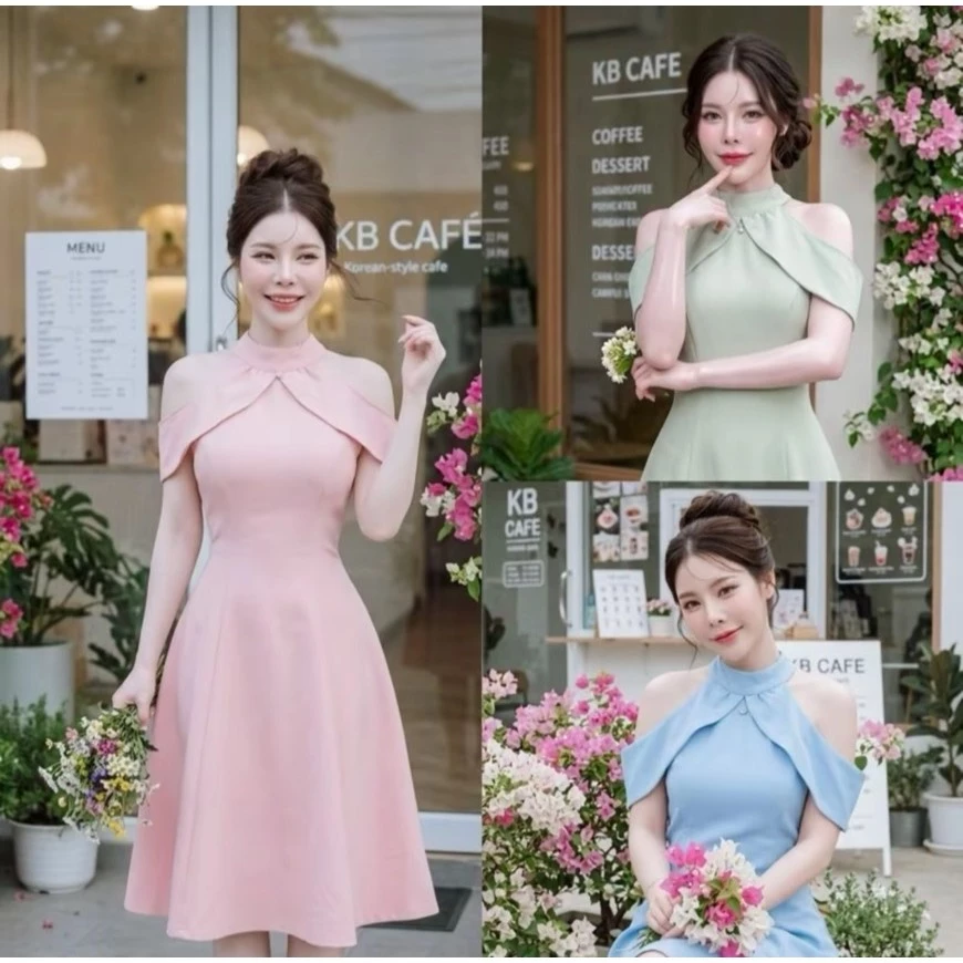 D309 เดรสผ้าบาร์บี้ เปิดไหล่ ยาว 36-37มีไซส์ S-3XL ใส่ทำงาน ออกงาน ทางการ สวยน่ารัก Women Lady Dress