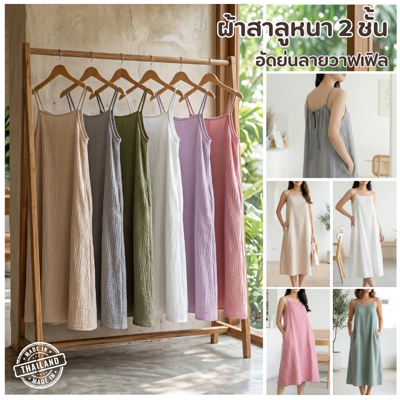 เดรสสายเดี่ยวผ้าสาลู 2 ชั้น อัดย่นลายวาฟเฟิล สไตล์ Minimal Lanna (ไม่ต้องรีด!)