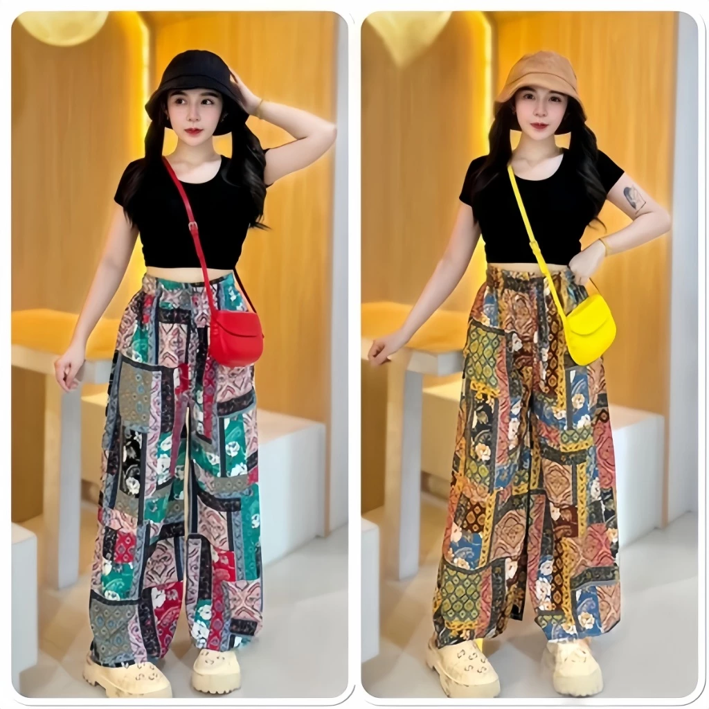 โชคดีดอกไม้มงคล6 รุ่นใหม่รวม_กางเกงกระบอกใหญ่ผ้าไหมอิตาลีสาวอวบใส่ได้ฟรีไซส์ เอวยืดมีเชือกรูดได้ กางเกงที่ใส่สบาย