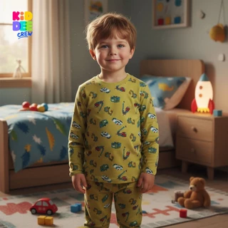 KiddeeCrew ชุดนอนเด็ก เหลืองลายรถก่อสร้าง ผ้าcotton 100% เหมาะสำหรับอายุ 1-12 ปี