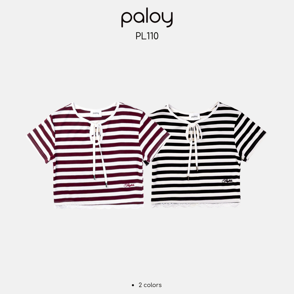 Paloy - PL110 เสื้อยืดแขนสั้นลายริ้วผูกเชือกเย็บชายเสื้อลูกไม้