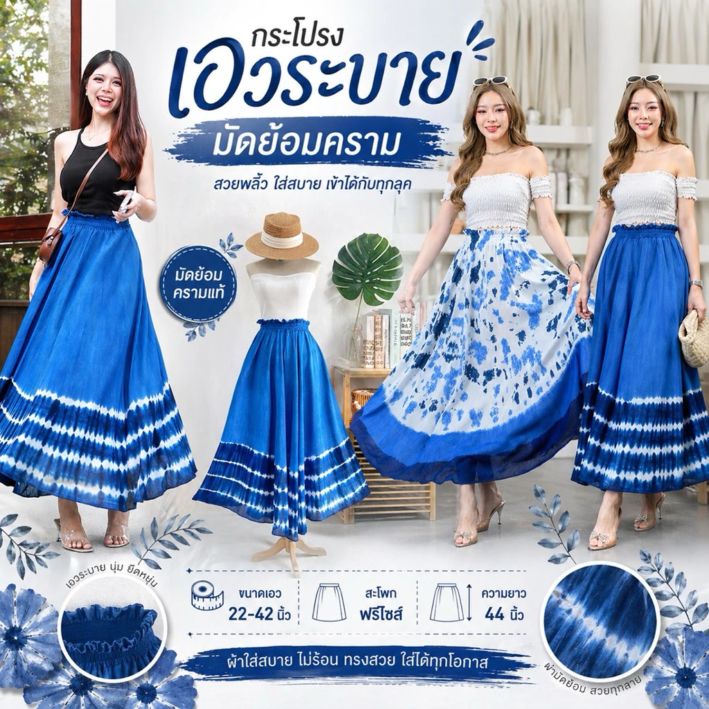 (ร้านส่งไว)กระโปรงเอวระบาย มัดย้อมคราม🩵 สะบัดพริ้วๆ สวยเก๋ ไปคาเฟ่ ทะเล สวนดอกไม้ เดินเล่น ทำงาน