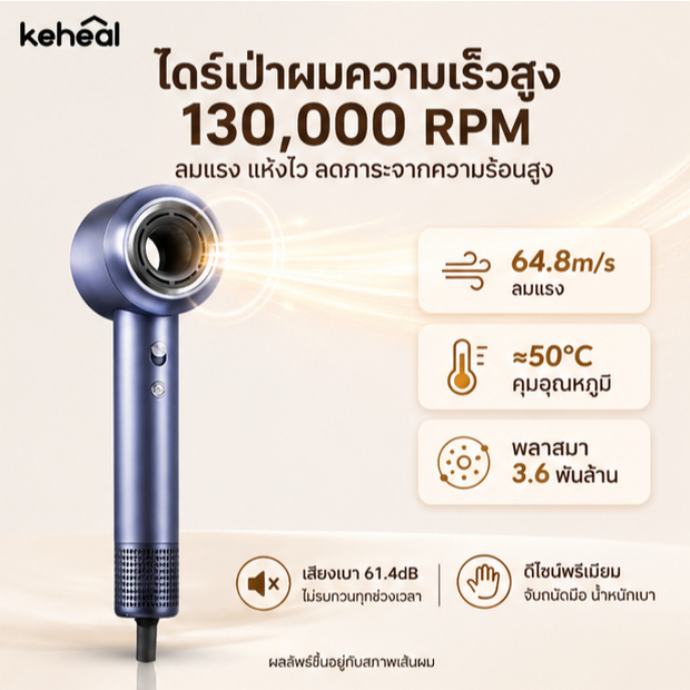 Keheal HC-5P ไดร์เป่าผมระดับซาลอน 64.8m/s คุมร้อนอัจฉริยะ ผมเรียบลื่นเงาสวย
